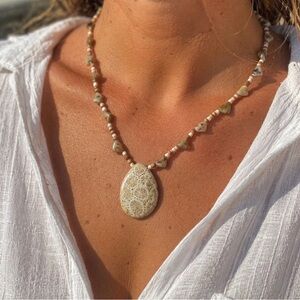 Vintage Coral Fossil Pendant Necklace Earth Tone Beaded Boho
